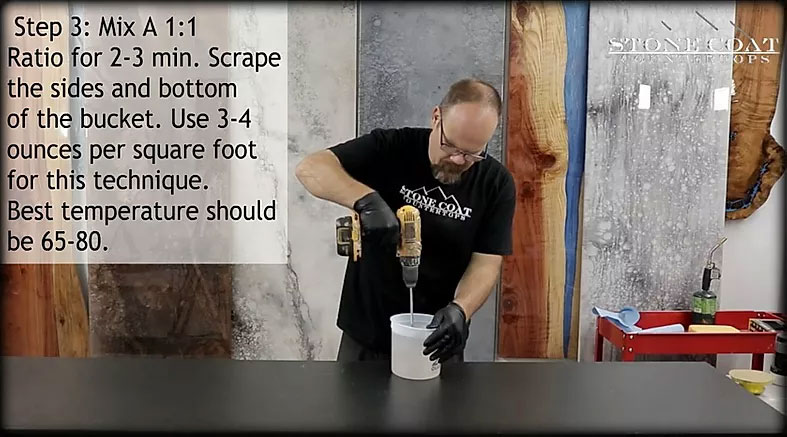 Mixing Epoxy in a 1:1 Ratio in a Bucket with a Drill